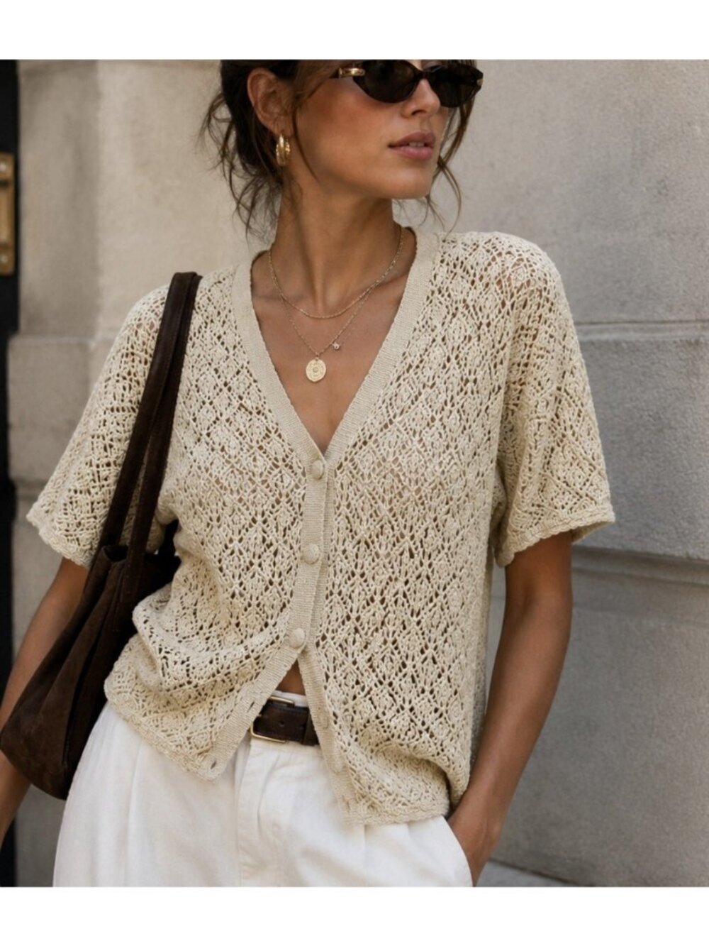 Vintage Crochet Cardigan Large FITS SMALL Ramie Cotton Button Up Hong Kong